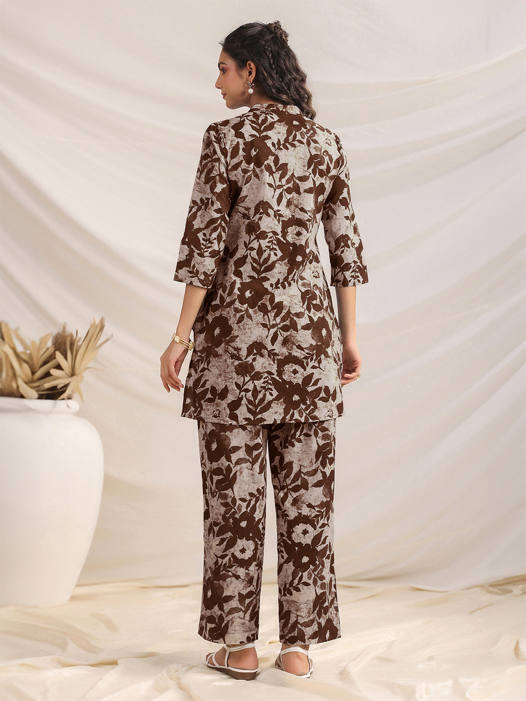 Brown Pure Cotton Floral Printed Straight Co-ord Set