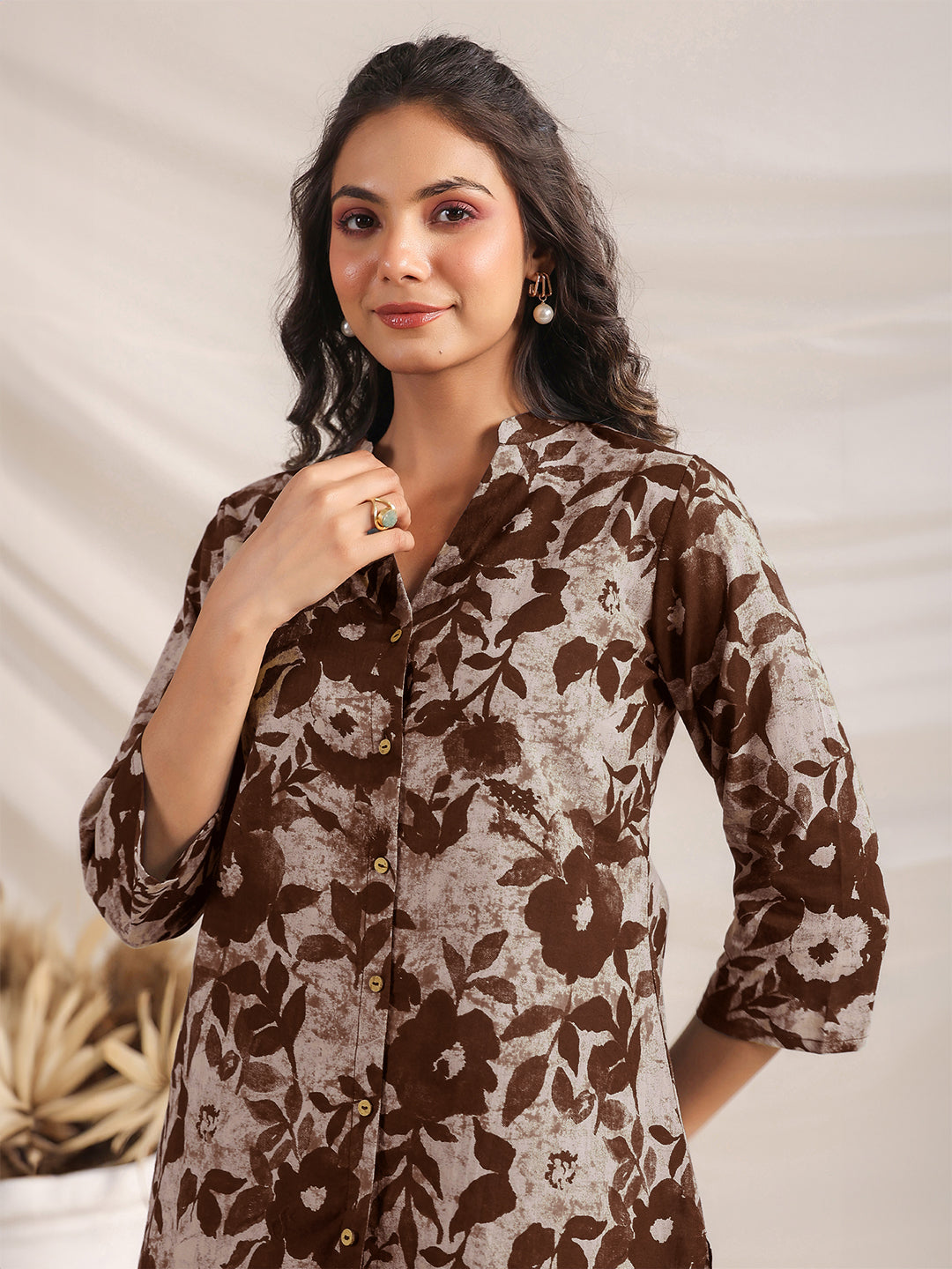 Brown Pure Cotton Floral Printed Straight Co-ord Set