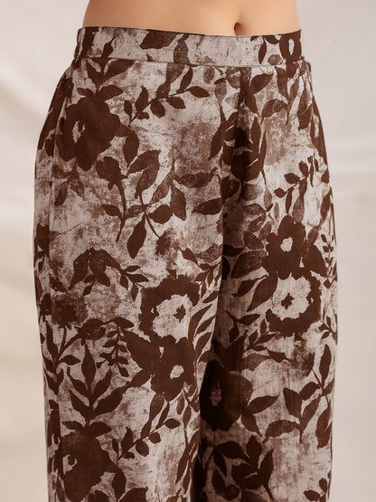 Brown Pure Cotton Floral Printed Straight Co-ord Set