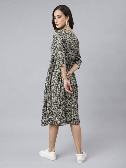 Olive Green Pure Cotton Floral Printed Angrakha Dress