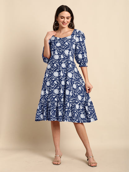 Indigo Pure Cotton Floral Printed A-Line Dress