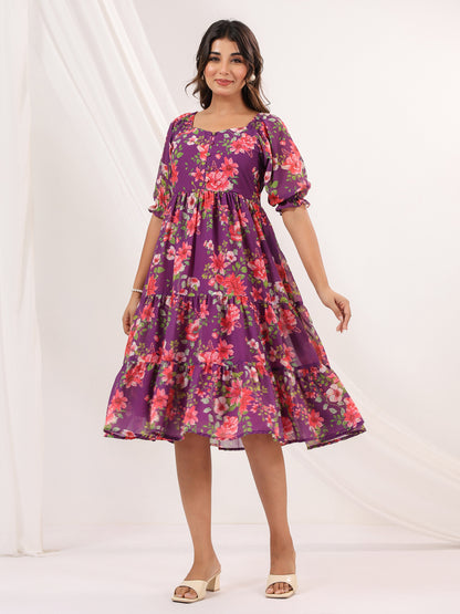 Janasya Women's Purple Georgette Floral Printed Tiered Dress