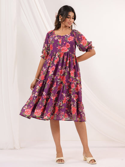 Janasya Women's Purple Georgette Floral Printed Tiered Dress