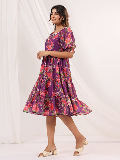 Janasya Women's Purple Georgette Floral Printed Tiered Dress