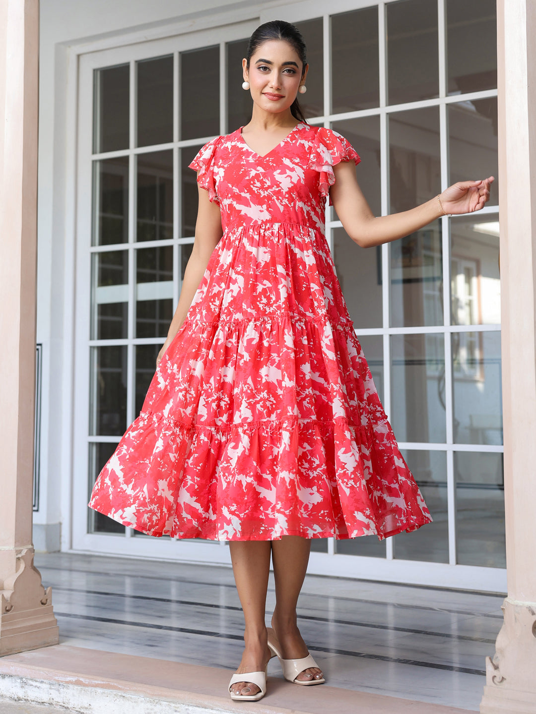 Red Georgette Abstract Printed Tiered Dress