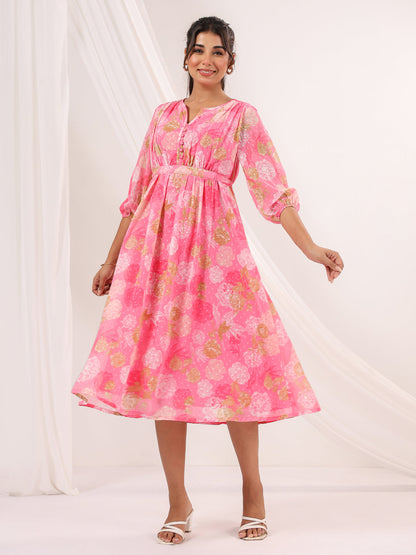 Janasya Women's Pink Georgette Floral Printed A-line Dress