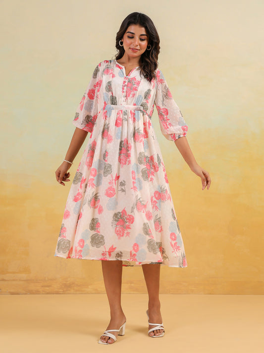 Janasya Women's Cream Georgette Floral Printed Flared Dress