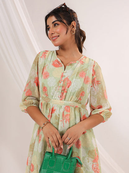 Janasya Women's Light Green Georgette Floral Printed A-line Dress