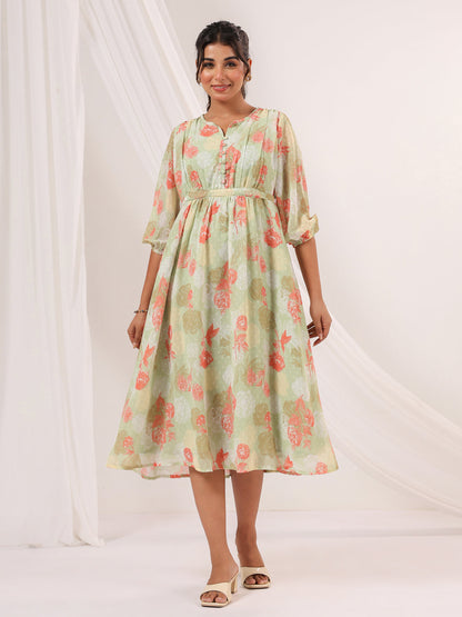 Janasya Women's Light Green Georgette Floral Printed A-line Dress