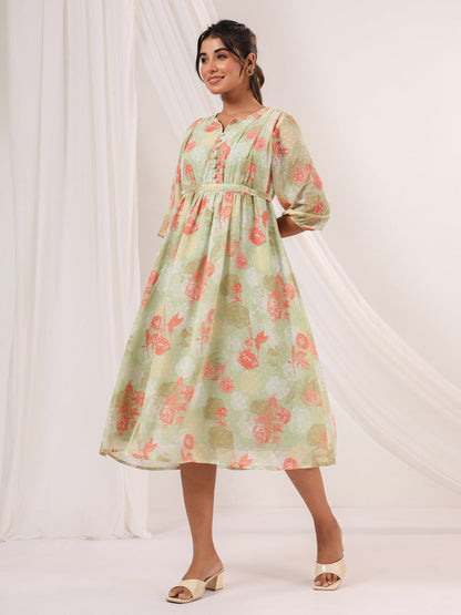 Janasya Women's Light Green Georgette Floral Printed A-line Dress