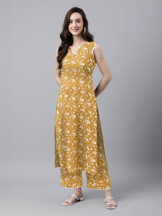 Mustard Pure Cotton Floral Printed Straight Co-Ord Set