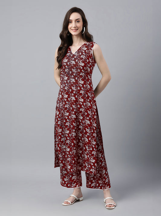 Maroon Pure Cotton Floral Printed A-Line Co-Ord Set