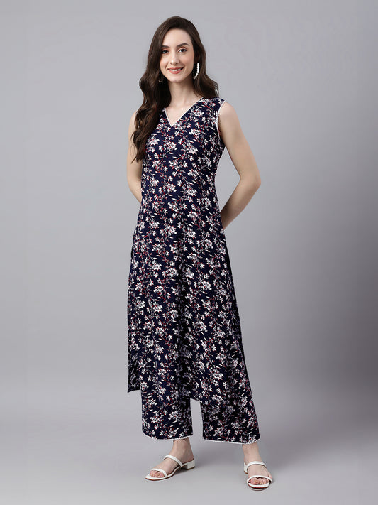 Navy Blue Pure Cotton Floral Printed A-Line Co-Ord Set