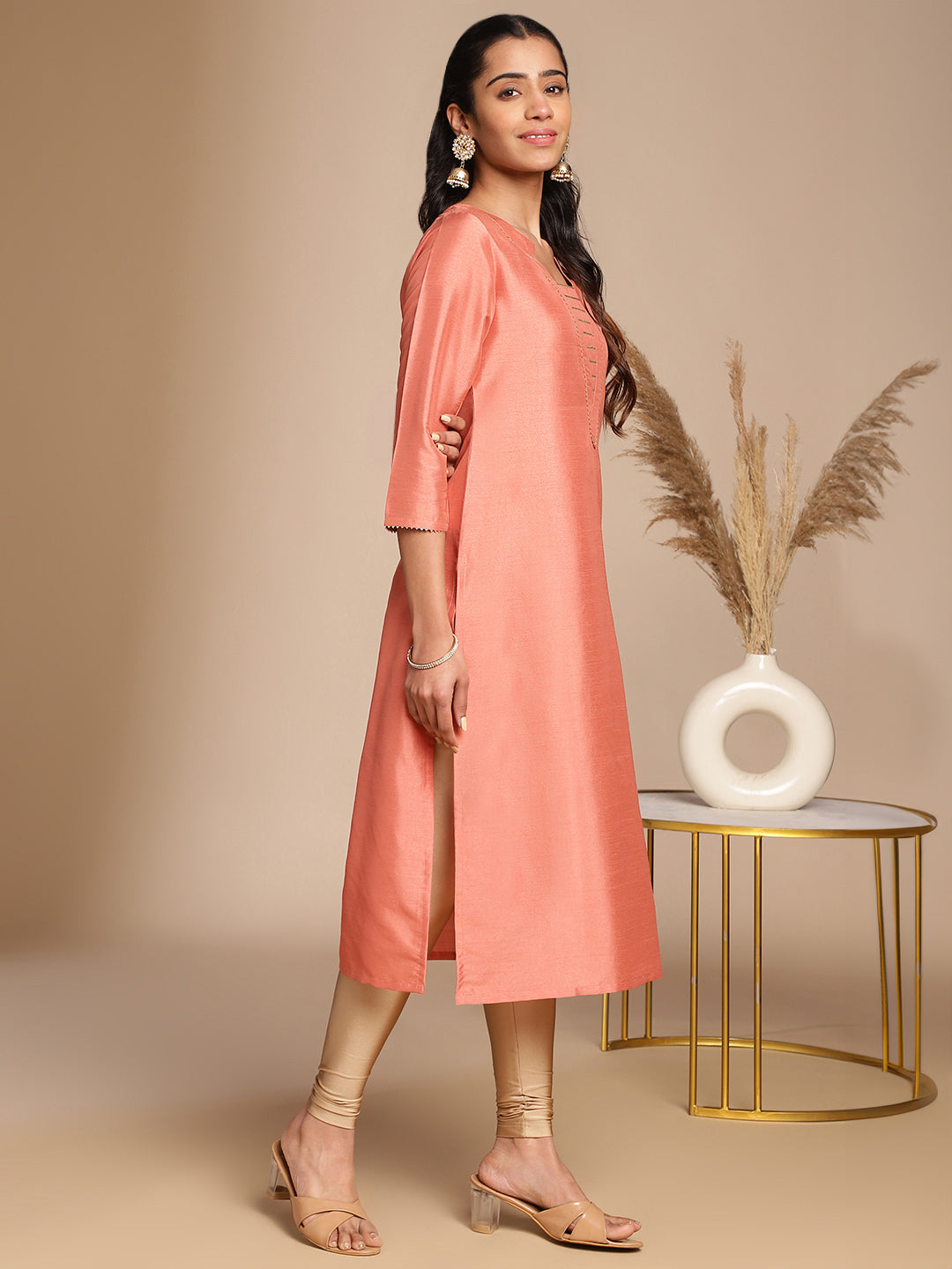 Peach Crepe Silk Solid Straight Kurta