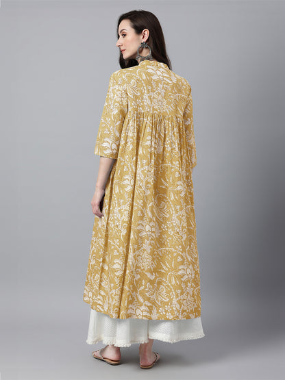 Mustard Pure Cotton Floral Printed Flared Kurta