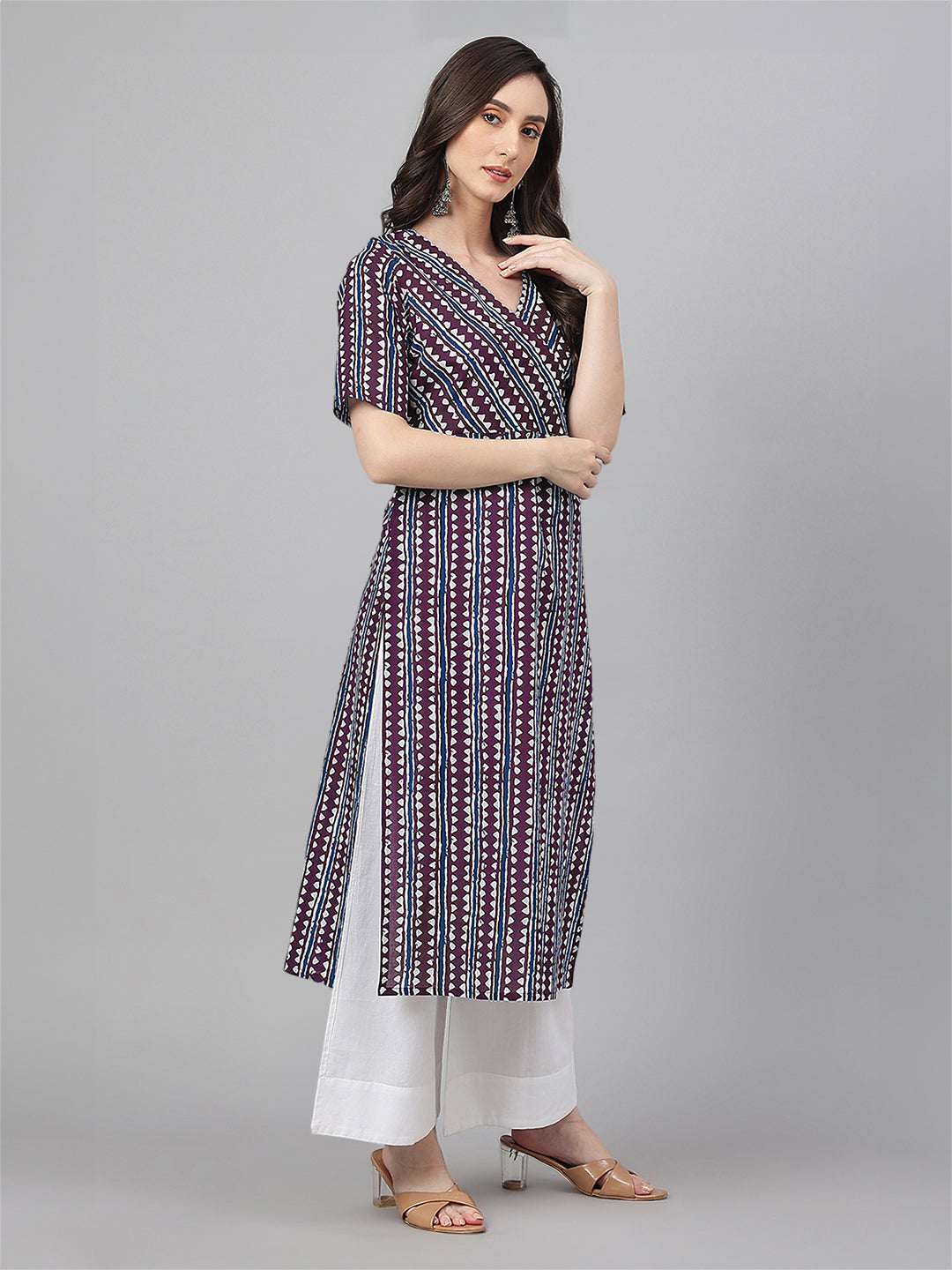 Wine Pure Cotton Geometric Printed Straight Kurta