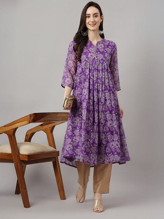 Janasya Women's Purple Chiffon Floral Printed A-line Kurta