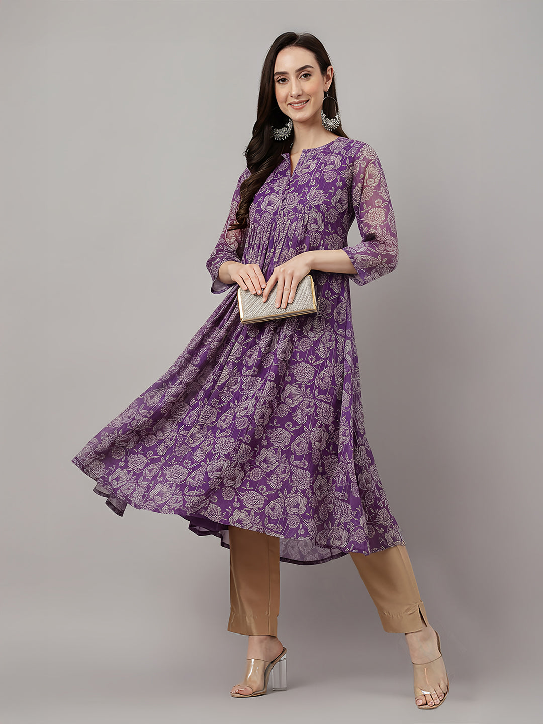 Janasya Women's Purple Chiffon Floral Printed A-line Kurta