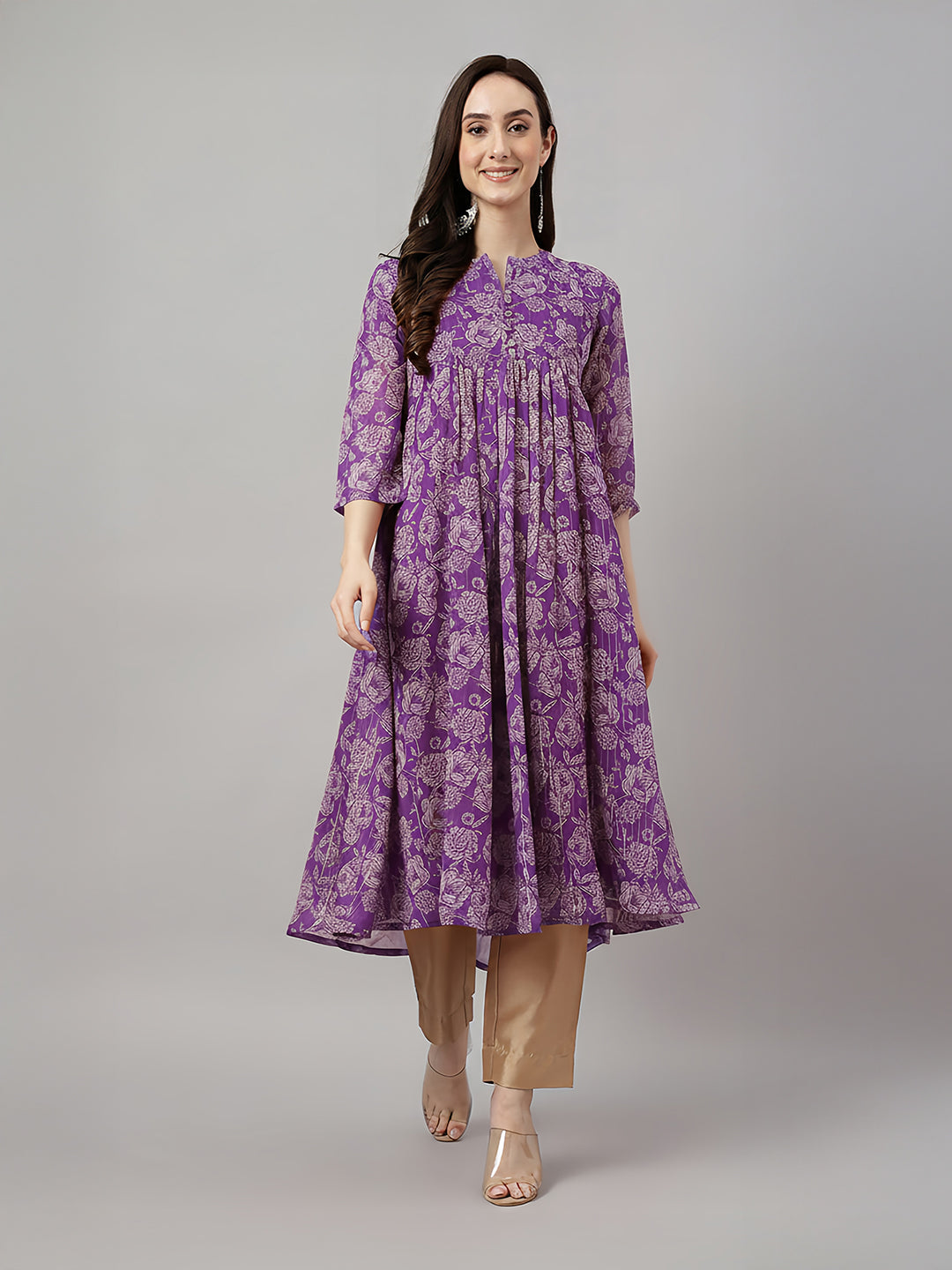 Janasya Women's Purple Chiffon Floral Printed A-line Kurta