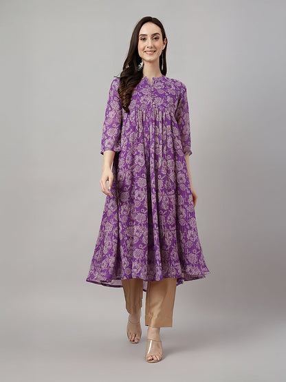 Janasya Women's Purple Chiffon Floral Printed A-line Kurta