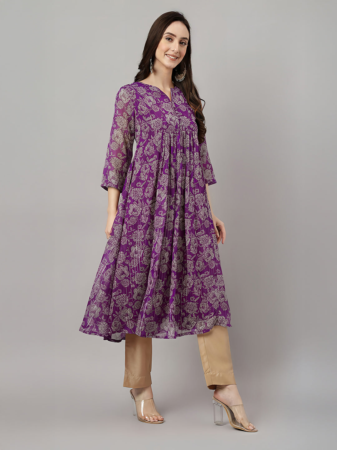Janasya Women's Purple Chiffon Floral Printed A-line Kurta