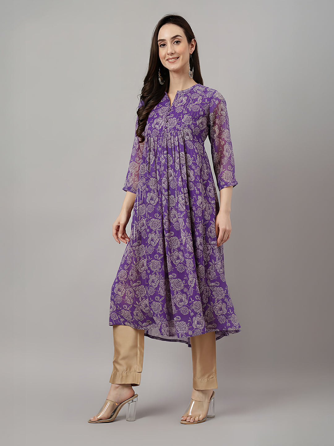 Janasya Women's Purple Chiffon Floral Printed A-line Kurta
