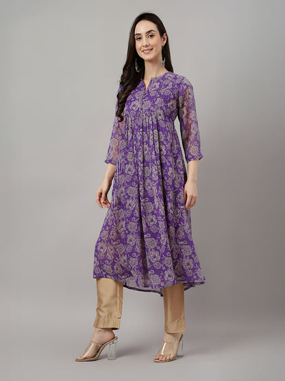 Janasya Women's Purple Chiffon Floral Printed A-line Kurta