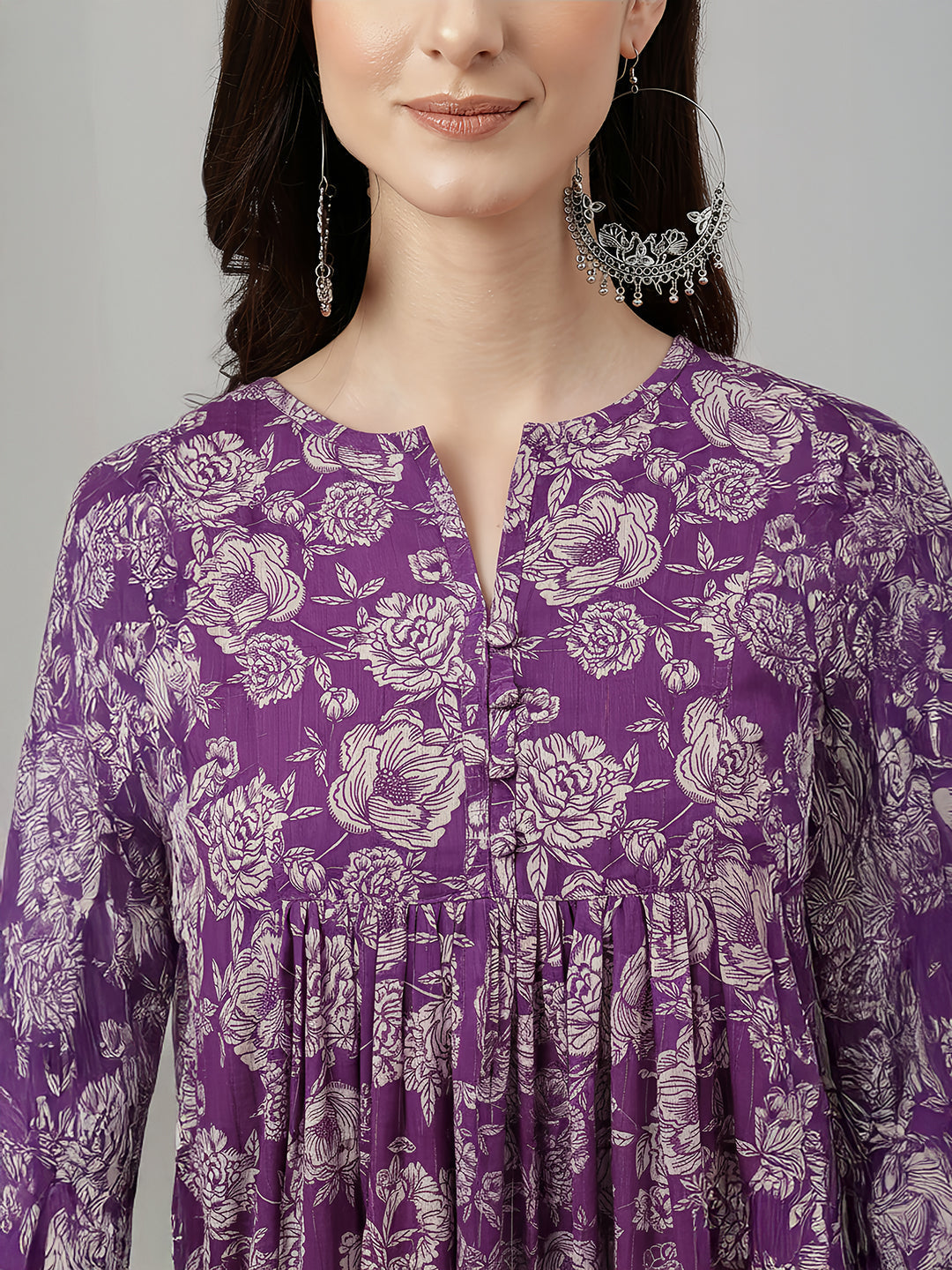 Janasya Women's Purple Chiffon Floral Printed A-line Kurta