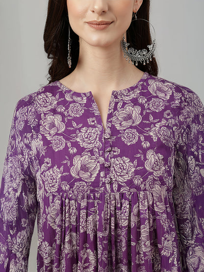 Janasya Women's Purple Chiffon Floral Printed A-line Kurta