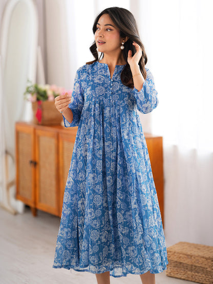 Janasya Women's Blue Chiffon Lurex Floral Printed A-line Kurta