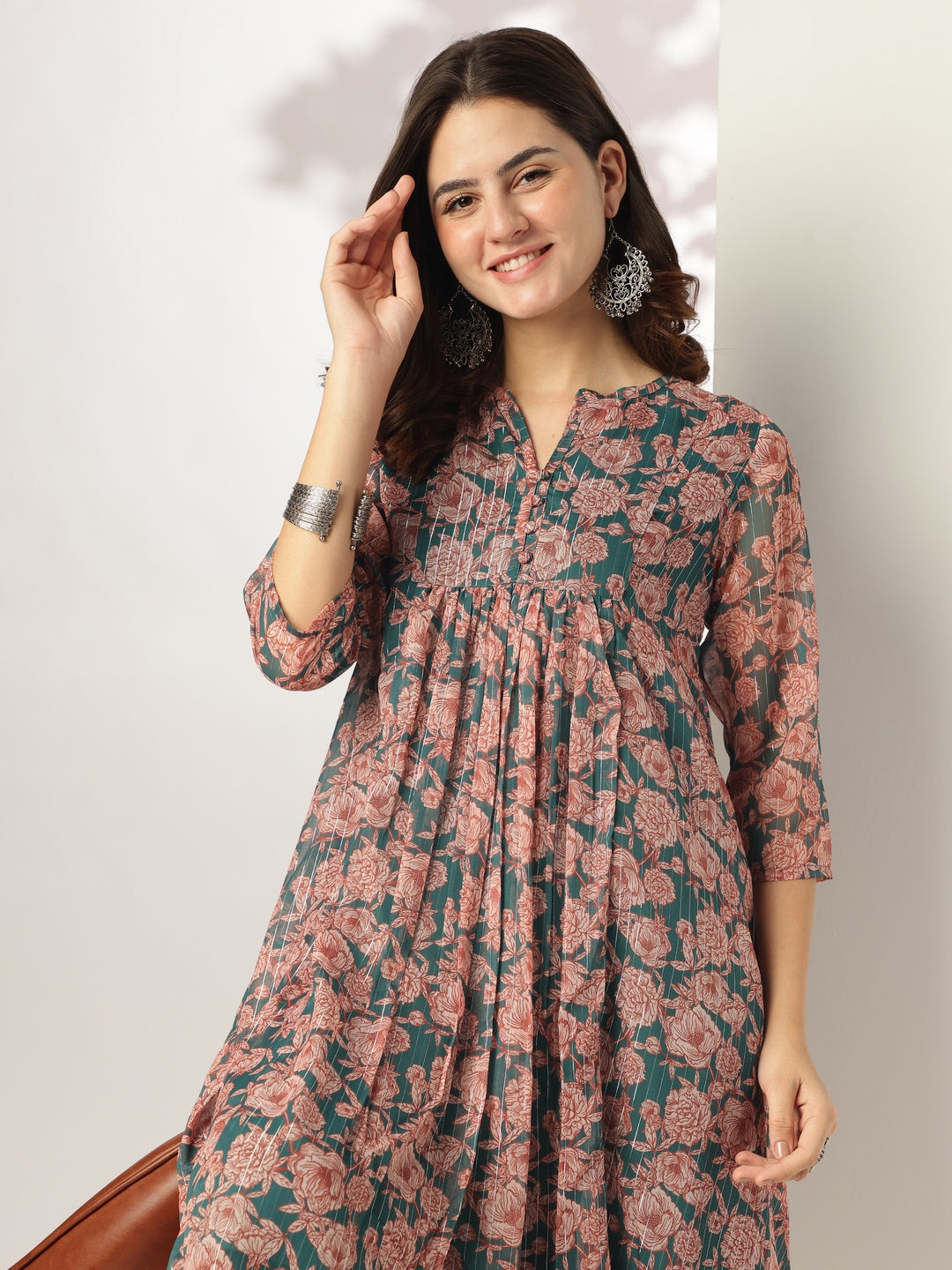 Janasya Women's Dark Green Chiffon Lurex Floral Printed A-line Kurta