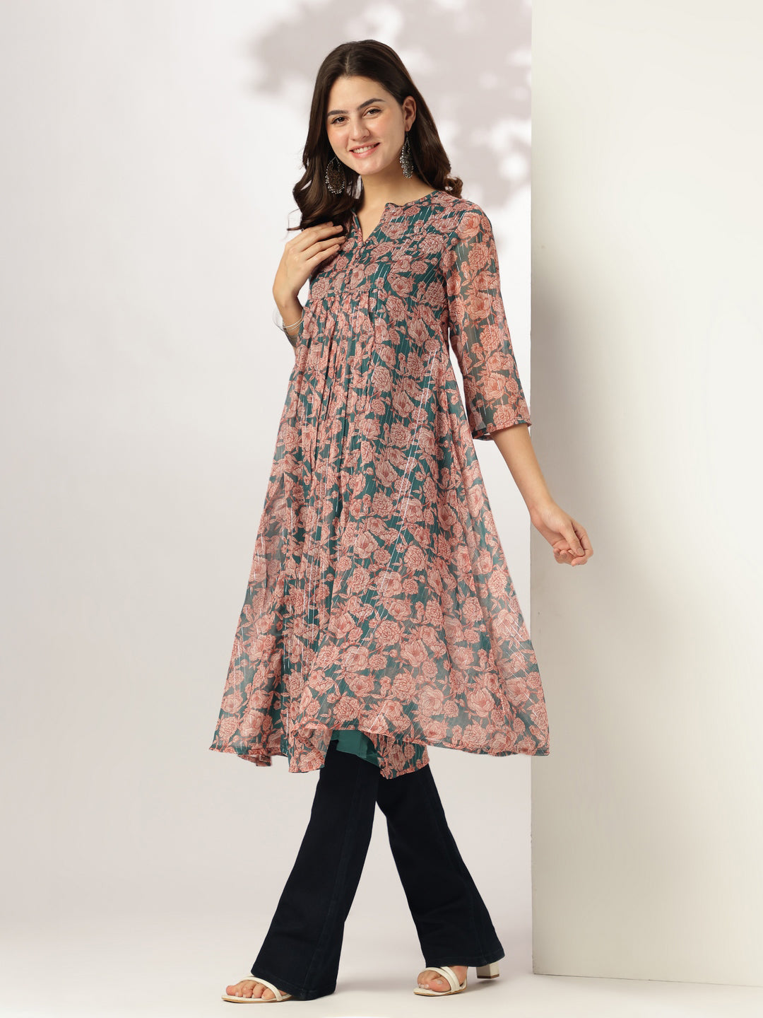 Janasya Women's Dark Green Chiffon Lurex Floral Printed A-line Kurta
