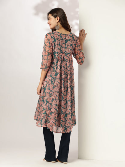 Janasya Women's Dark Green Chiffon Lurex Floral Printed A-line Kurta
