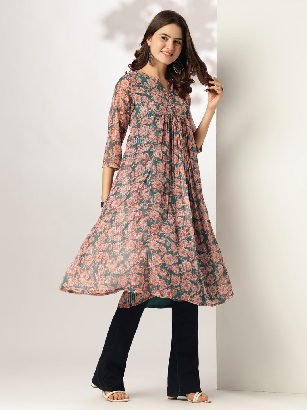 Janasya Women's Dark Green Chiffon Lurex Floral Printed A-line Kurta