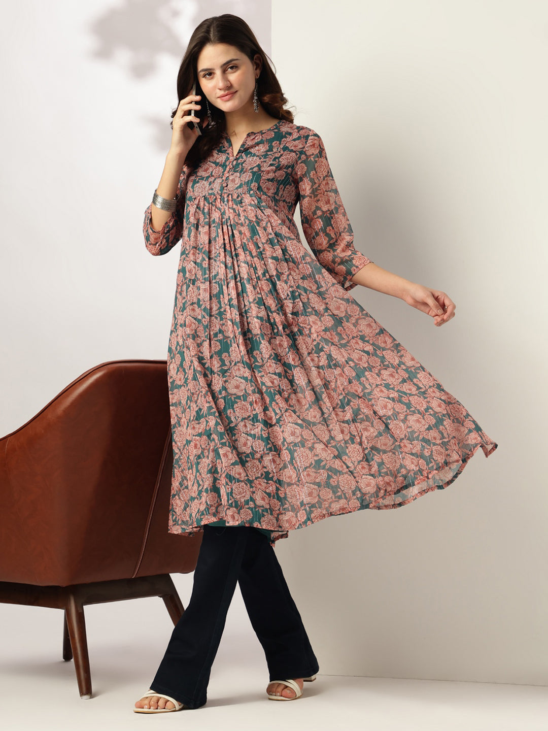 Janasya Women's Dark Green Chiffon Lurex Floral Printed A-line Kurta