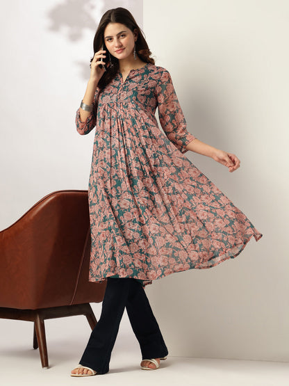 Janasya Women's Dark Green Chiffon Lurex Floral Printed A-line Kurta
