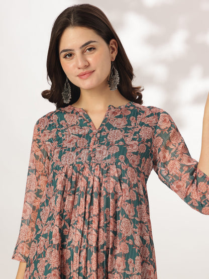 Janasya Women's Dark Green Chiffon Lurex Floral Printed A-line Kurta