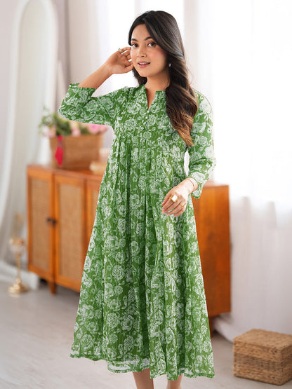 Janasya Women's Green Chiffon Lurex Floral Printed A-line Kurta