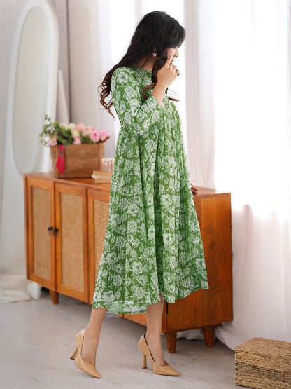 Janasya Women's Green Chiffon Lurex Floral Printed A-line Kurta