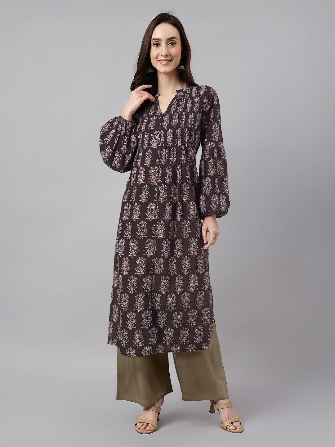Janasya Women's Dark Brown Pure Cotton Floral Printed A-line Kurta