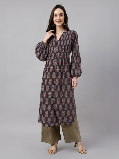 Janasya Women's Dark Brown Pure Cotton Floral Printed A-line Kurta