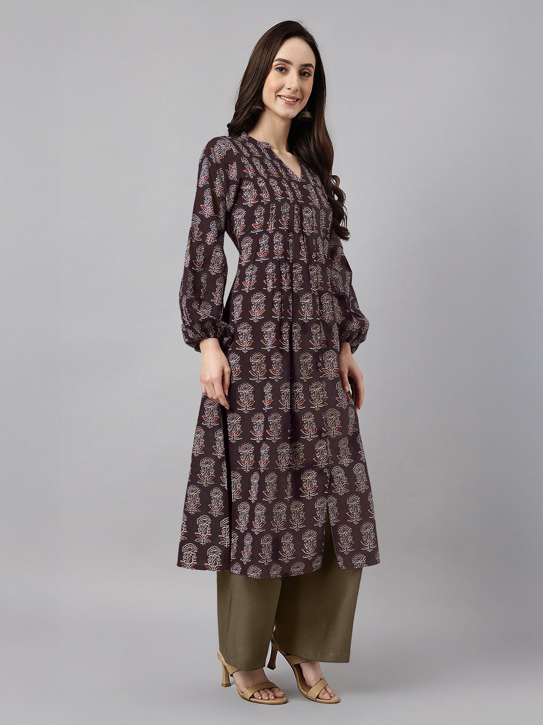 Janasya Women's Dark Brown Pure Cotton Floral Printed A-line Kurta