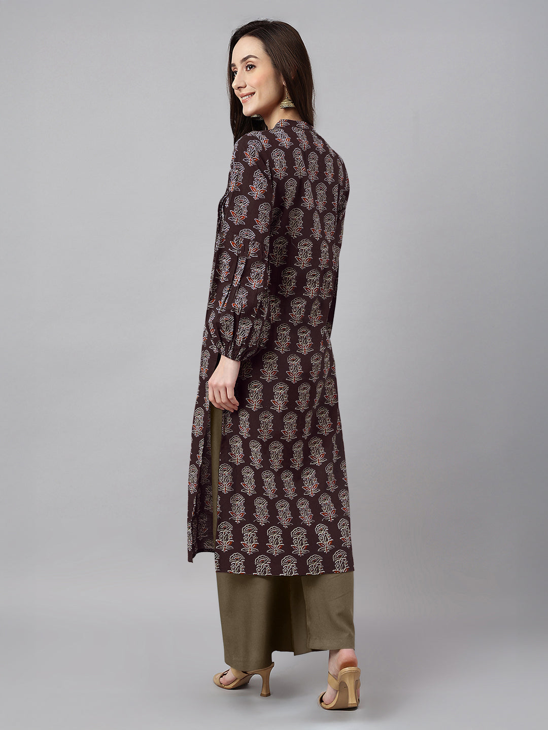 Janasya Women's Dark Brown Pure Cotton Floral Printed A-line Kurta