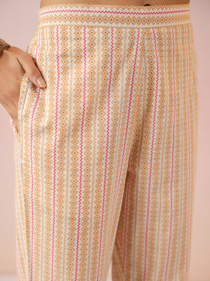Cream Pure Cotton Ethnic Motifs Printed Straight Kurta Set