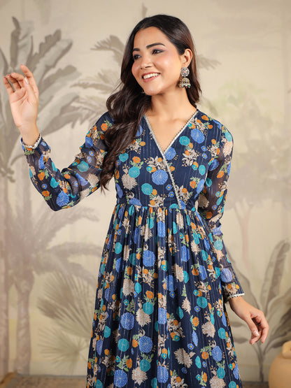 Dark Blue Georgette Floral Printed Flared Kurta with Dupatta Set