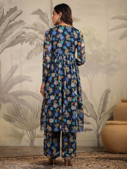 Dark Blue Georgette Floral Printed Flared Kurta with Dupatta Set