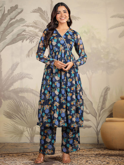 Dark Blue Georgette Floral Printed Flared Kurta with Dupatta Set