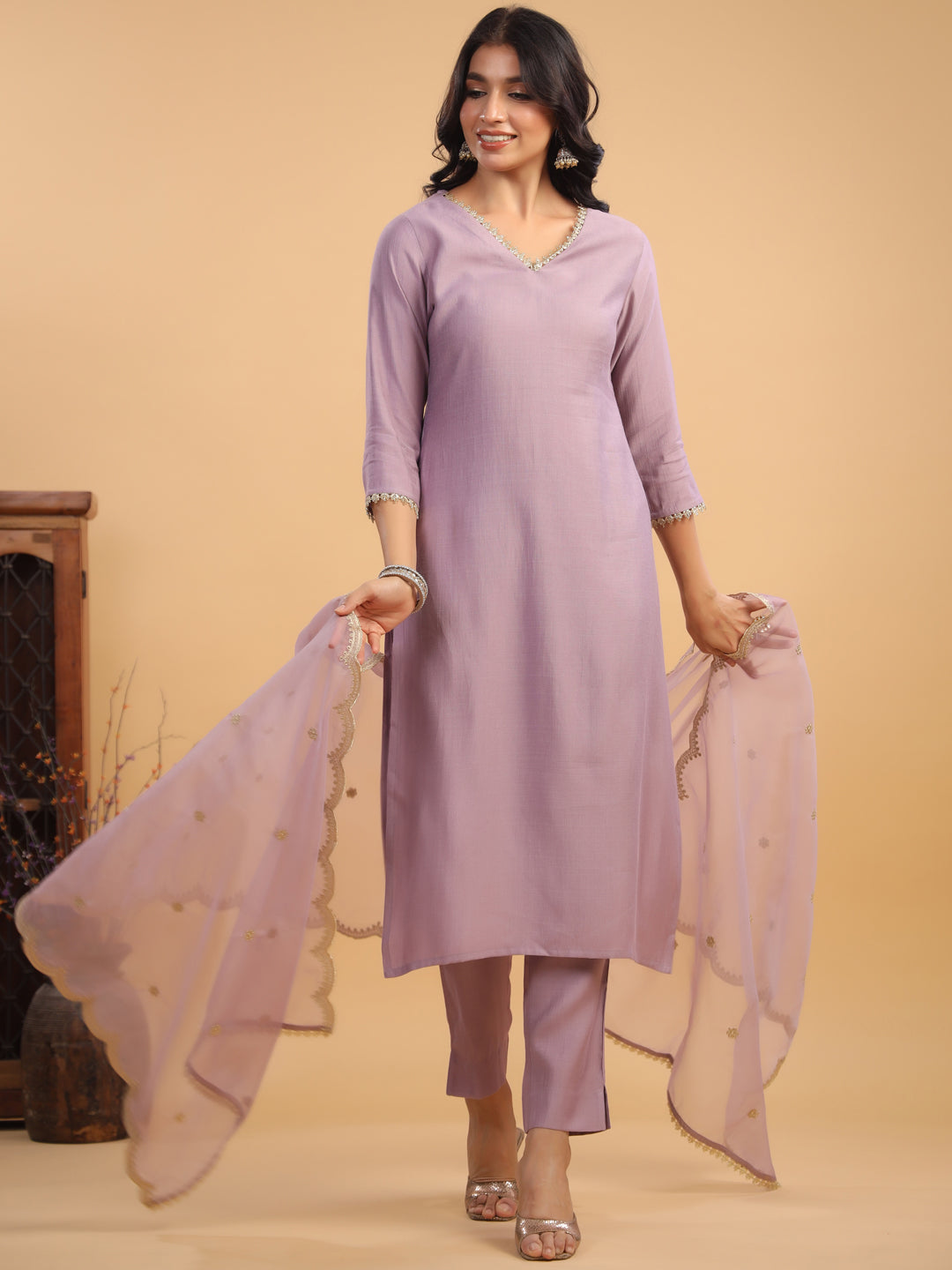 Lavender Silk Blend Emabellished Straight Kurta Set