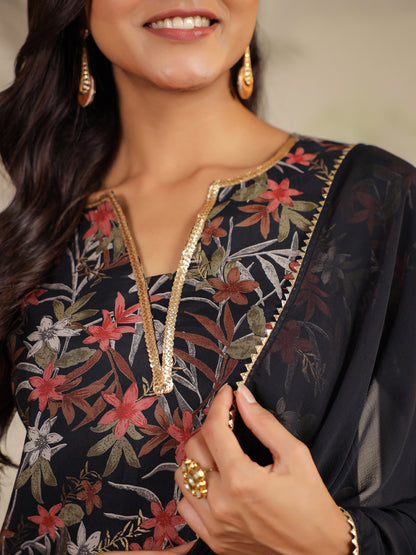 Black Chanderi Floral Printed Straight Kurta Set
