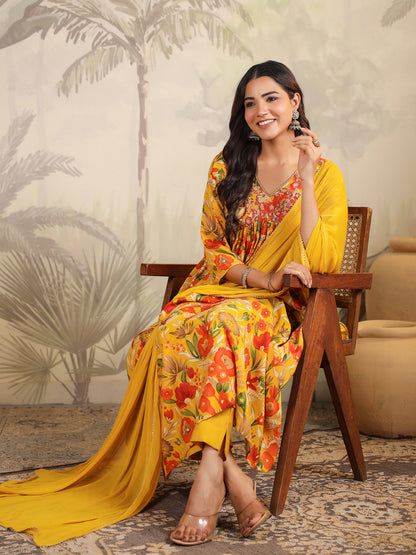 Mustard Chanderi Silk Floral Printed A-line Kurta Set